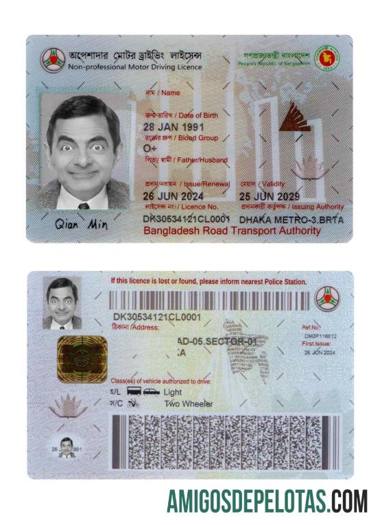 Carteira de motorista não profissional de Bangladesh 2024 atual exemplo real